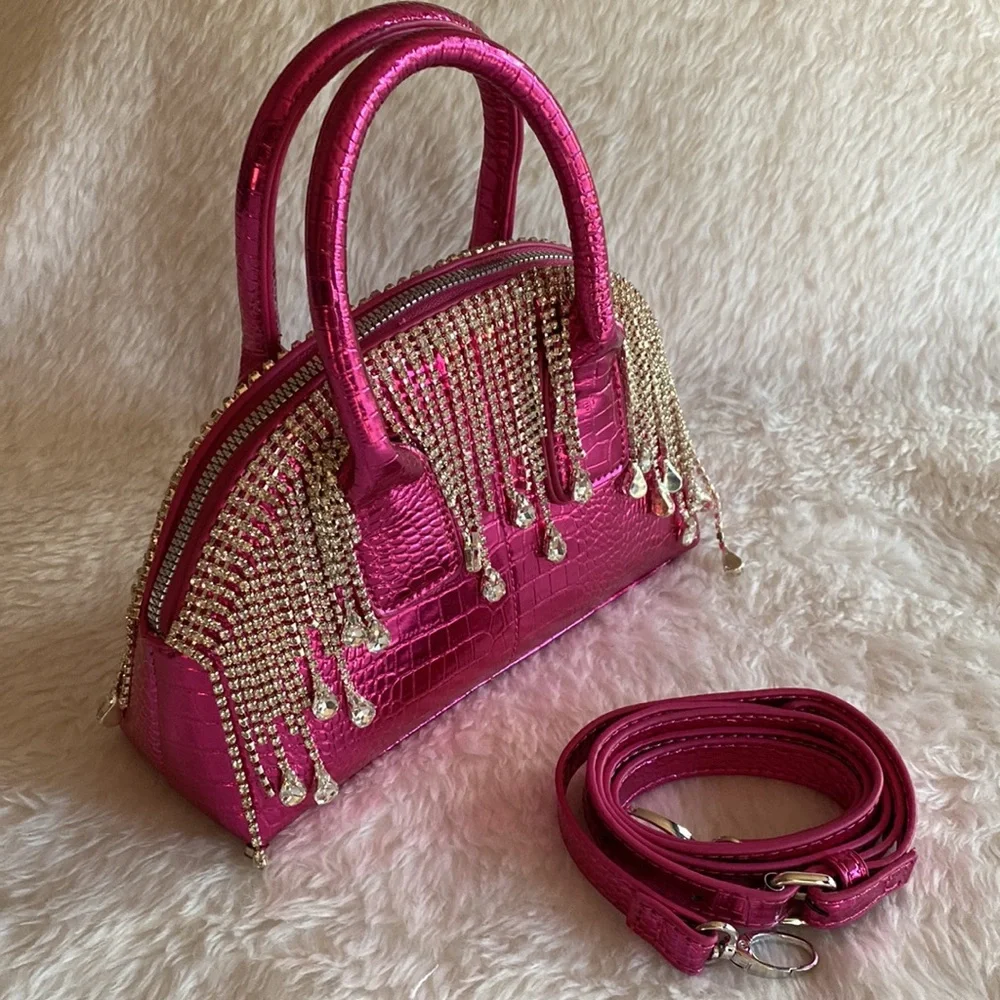 NWOT Adorably Chic Hot Pink Faux Croco Leather with dangling Rhinestones Bag - Picture 3 of 16